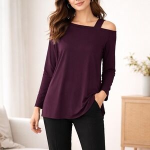 Sympli Asymmetrical Hem Open One Shoulder Long Sleeve Top Plum Purple Sz 10 NWT